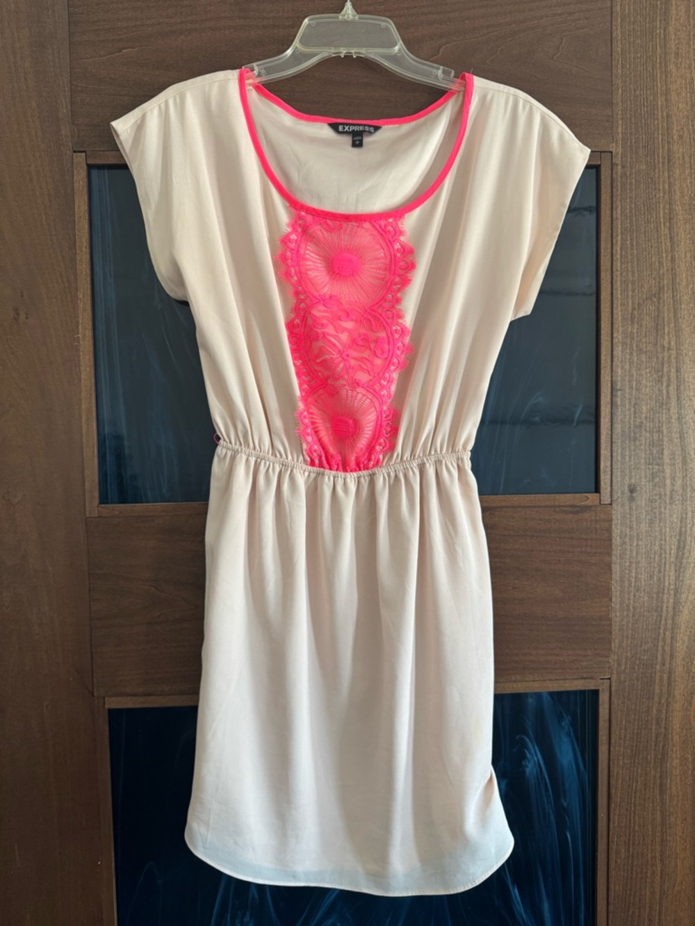 Express Cream Mini Dress with Neon Pink Lace Panel